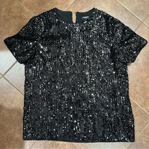 Express Black Sequin Crew Neck Tee
